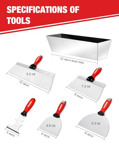 Goldblatt Drywall Hand Tool Kit - 14 in 1, 6 Pieces Stainless Steel Joint Knife, Taping Knives, Paniter Scraper, Mud Pan