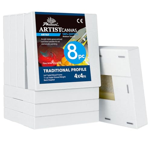 PHOENIX 4x4 Inch 8 Pack Artist Canvas - Small Square Stretched Canvases for Painting - 3/4 Inch Profile, 100% Cotton 11 Oz. Gesso Primed White Blank Professional Canvas Oil & Acrylic Paints - size: 4"x4", style: Traditional