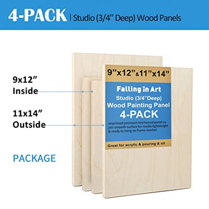 Falling in Art Unfinished Birch Wood Canvas Panels Kit, 4 Pack of 2 Sizes 11x14' and 9x12' Studio 3/4’’ Deep Cradle Boards for Pouring Art, Crafts, Painting, and More - size: 9*12 11*14 2-Pack