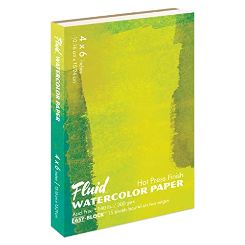 Fluid Artist Watercolor Block, 140 lb (300 GSM) Hot Press Paper Pad for Watercolor Painting and Wet Media with Easy Block Binding, 4 x 6 inches, 15 White Sheets - size: 4 x 6