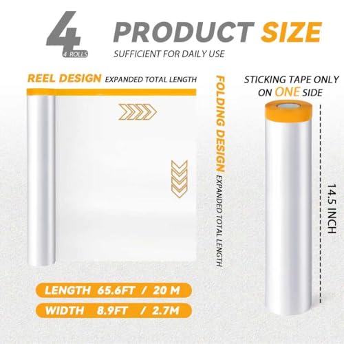 4 Rolls 8.9 x 65.6 Feet Pre-Taped Masking Film, Tape and Drape Drop Cloth, Plastic Sheeting Drop Cloth for Painting, Automotive Covering and Appliance Protection (8.9 x 65.6 Feet)