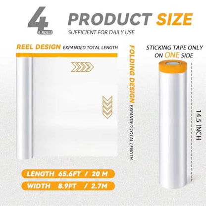 4 Rolls 8.9 x 65.6 Feet Pre-Taped Masking Film, Tape and Drape Drop Cloth, Plastic Sheeting Drop Cloth for Painting, Automotive Covering and Appliance Protection (8.9 x 65.6 Feet)