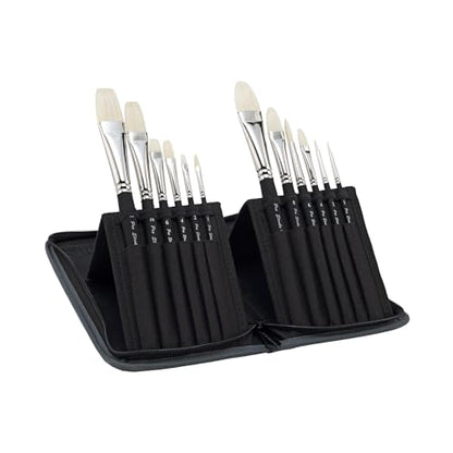 Creative Mark Pro Stroke Premium White Chungking Hog Bristle Artist Paint Brush - Short Handle Set of 12 with Easel Case - Natural Bristle Brush w/Soft Touch Handle for Oils and Acrylics