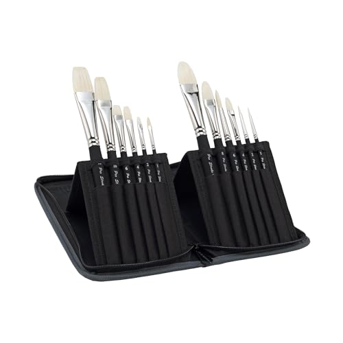Creative Mark Pro Stroke Premium White Chungking Hog Bristle Artist Paint Brush - Short Handle Set of 12 with Easel Case - Natural Bristle Brush w/Soft Touch Handle for Oils and Acrylics