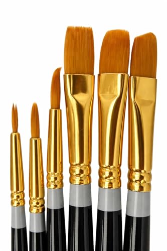 Tech Team 6-Piece Nylon Artist Brush Set – Round, Flat, Filbert & Angle Brushes for Acrylic, Oil, Watercolor, Tempera, Ceramics, Crafts & Classroom Art – Long Comfortable Handles
