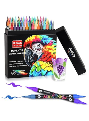 Brled 120 Colors Acrylic Paint Markers with 60 Dual-Color Brush Tips, Double Tips Acrylic Paint Pens for Rocks, Eggs, Wood, Rock, Canvas, Plastic, Glass, Ceramic - color: 60 Pack 120 Colors