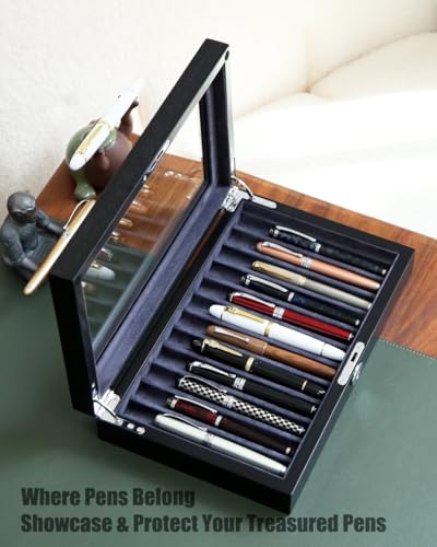Wood Pen Display Case with 12 Pens, Fountain Pen Display Box, Lockable Pen Storage Box with Glass Top, Pen Box Organizer, Pen Collection Display Case (Black with Gray Velvet) - color: Black 12 Slots, Gray Velvet