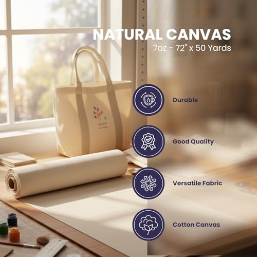 Natural Cotton Canvas Fabric Roll – 72 Inch Wide x 50 Yards Length, 7oz Lightweight Canvas for Bags, Upholstery, Crafts, Home Décor & Sewing Projects - style: SF-07oz-72-50