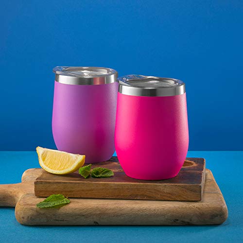 CHILLOUT LIFE 12 oz Stainless Steel Wine Tumbler with Lid - Double Wall Vacuum Insulated Wine Cup Glass Keeping Cold & Hot for Coffee, Champagne, Cocktails, Ice Cream - Powder Coated Pink - color: Hot Pink, style: 1 Pack