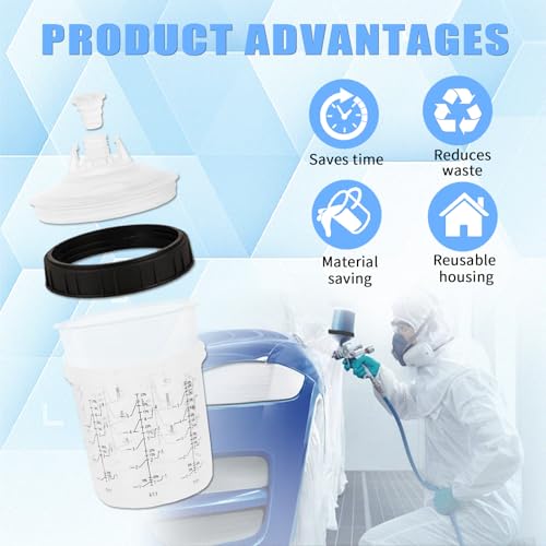 600 ml Disposable Paint Spray Gun Cup for Automotive Paint Gun, HVLP Paint Spray Paint Gun, 50 Pack Standard Size 20 Ounce Kit Paint Mixing Cups - 50 Cup Liners, 50 Lids with Strainer, 1 Hard Cup