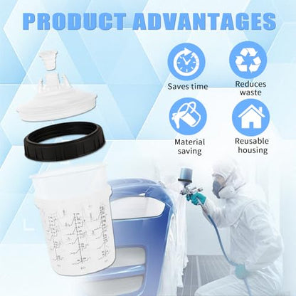 600 ml Disposable Paint Spray Gun Cup for Automotive Paint Gun, HVLP Paint Spray Paint Gun, 50 Pack Standard Size 20 Ounce Kit Paint Mixing Cups - 50 Cup Liners, 50 Lids with Strainer, 1 Hard Cup