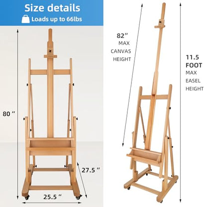 Falling in Art Extra Large H-Frame Studio Easel, Solid Beechwood Artist Easel with Storage Tray, Adjustable Canvas Holder Stand with Rolling Wheels for Painting Adult - style: Studio Easel Natural