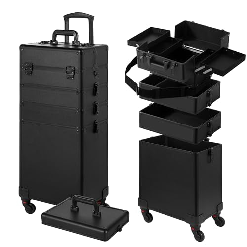 Somduy Rolling Makeup Case, Makeup Train Case with Lid, 5 in 1 Cosmetology Case on Wheels, Christmas Gift, Large Makeup Organizers, Profesional Cosmetic Case for Salon Barber, Black - color: Black