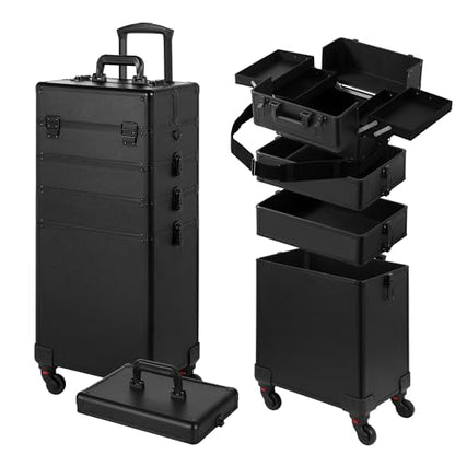 Somduy Rolling Makeup Case, Makeup Train Case with Lid, 5 in 1 Cosmetology Case on Wheels, Christmas Gift, Large Makeup Organizers, Profesional Cosmetic Case for Salon Barber, Black - color: Black