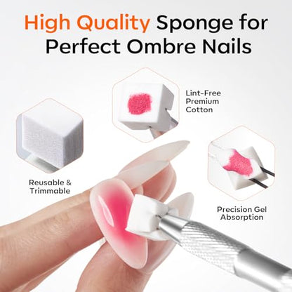 Modelones 150pcs Nail Sponges for Ombre, Nail Art Sponge with Grabbing Pen Reusable Soft Sponges for Gradient Ombre Blush Chrome Design Effects Professional Nail Stuff Supplies DIY - color: White