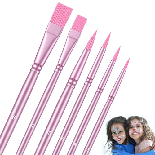 6 PCS Face Paint Brushes, Watercolor Nylon Paint Brushes Set for Acrylic Painting, Round Pointed Tip Flat Artist Brush for Oil Face Nail Miniature Detailing Drawing Art Supplies (Pink)