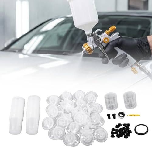 CHICIRIS Disposable Paint Cup Kit 600ml 20 Ounce, with 50 Inner Cups 50 Lid Covers 2 Outer Cups Seal Ring 20 Sealing Plugs 2 Spray Gun Adapters PTFE Tape Mixing Stick, for Automotive