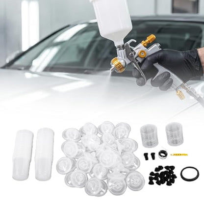 CHICIRIS Disposable Paint Cup Kit 600ml 20 Ounce, with 50 Inner Cups 50 Lid Covers 2 Outer Cups Seal Ring 20 Sealing Plugs 2 Spray Gun Adapters PTFE Tape Mixing Stick, for Automotive