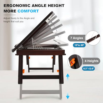 Nnewvante Drawing Table Foldable Drafting Desk with Adjustable Height & Angle Bamboo Drawing Board Easel with Tablet and Phone Slots for Painting, Drafting, Writing, Reading - color: Black Walnut