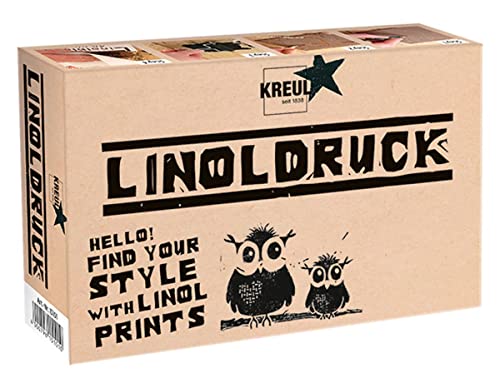 Kreul 15101 Lino Printing Ink Set, 20 ml Lino Printing Ink Black, 3 Cutting Springs, Handle for Cutting Springs, Lino Plate DIN A6, Glass Plate and Rubber Roller