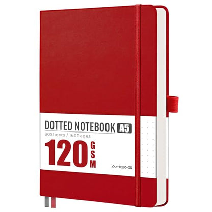 AHGXG Dotted Journal Notebook, 160 Numbered Pages, A5 Medium Size (5.7'' x 8.3''), 120 GSM Thick Paper, Leather Hardcover, for Journaling, Planning, Tracking (Red) - color: Red, style: Dotted