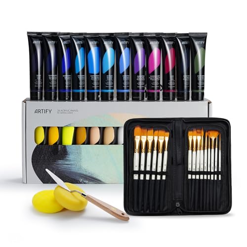ARTIFY Heavy Body 36 Colors Acrylic Paint Set, 36 Colors with 15 Pieces Synthetic Brushes Set, Includes Bonus Sponge, Palette and Knife for Beginners - color: 36 Colors
