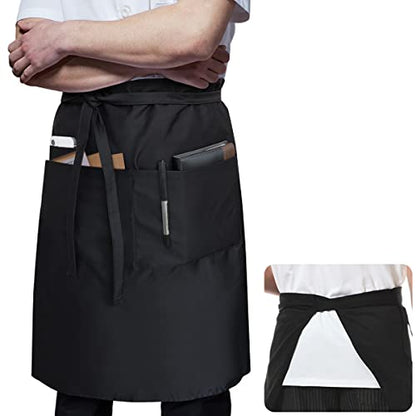 ROTANET Long Server Apron Black with 3 Pockets Bistro Half Aprons for Men Women Waiter Waitress Chef 28 Inch Waterproof - color: Black