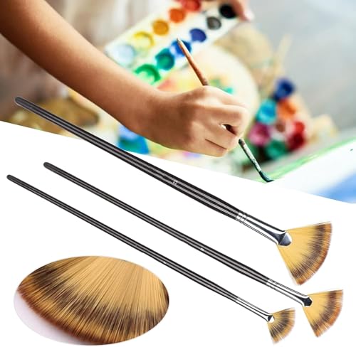 3pcs Fan Shape Painting Brushes,Soft Anti-Shedding Artist Long Hands Painting Brushes Nylon Hair Watercolor Paint Brush Set with Wooden Handle