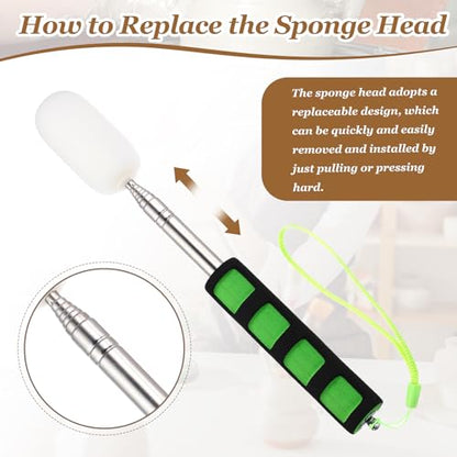 PATIKIL 41" Telescoping Sponge Stick for Pottery, Retractable Ceramic Sponge Tool with 2pcs Head for Removing Excess Water from Tall and Narrow Pottery, White/Green(1.18/1.57"W) - color: White/Green