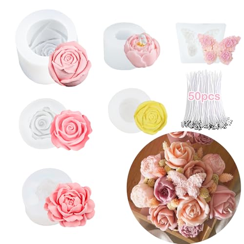 6 Pcs Flower Candle Making Mold Silicone 3D Rose Butterfly Molds Kit De Rosas Silicona para Velas for Candle Bouquet DIY, Wax, Soap, Epoxy Resin, Clay Craft Home Decor Valentine's Day Gift - color: 6 Pcs Rose Flower Mold Set