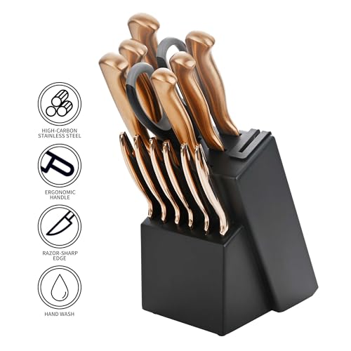 15-Piece Rose Gold Knife Block Set with Sharpener, Chef Professional Knife Set, Stainless Knife Set With Scissors, Steak Knives - color: Rose Gold