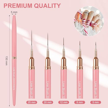 Artdone Metallic Nail Art Pens, Liner Brushes Set, 5PCS Pink Nail Tools | For Long Lines, Thin Details, Fine Drawing, Liner Brush UV Gel Polish Painting Nail Design Sizes 5/8/12/20/25mm - color: Pink Liner Brush Set