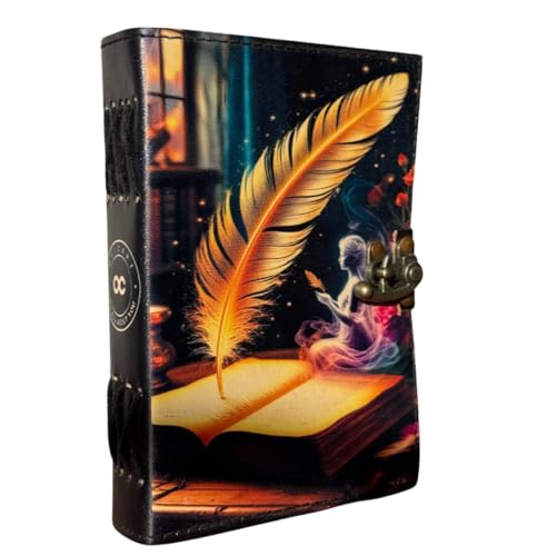 Oficart Handmade Leather Journal – Vintage Diary with Antique Lock & Eco-Friendly Cotton Paper | Celestial Notebook for Writing, Sketching, Travel, Art, Poetry, Spiritual & Gift Use (Feather & Open Book) - color: Feather & Open Book