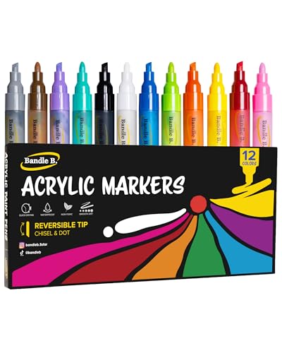 Bandle B. Acrylic Paint Markers – Set of 12 Paint Pens for Art, Fabric, Coloring, and Journaling–Quick-Drying, Waterproof, Non-Toxic, Reversible Chisel-Dot Tip - style: 12 Colors Paint Markers