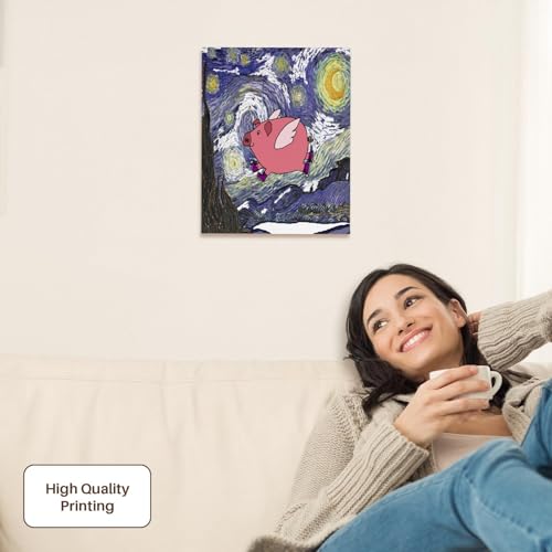 3dRose Funny Cute Flying Pig in Starry Night Van Gogh Art Museum Grade Canvas Wrap 11x14 - size: 11"L x 14"W