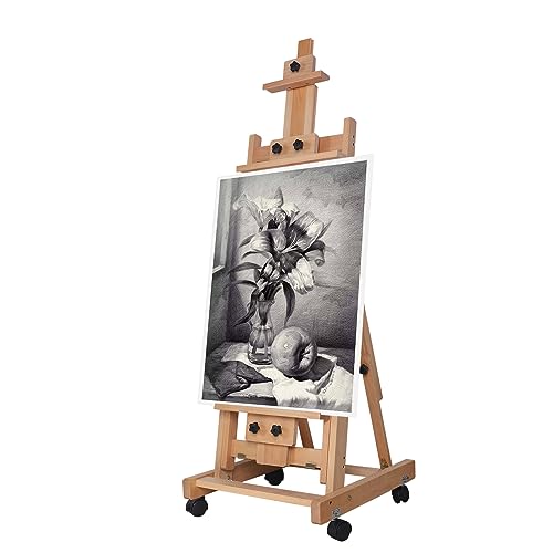 Wooden H-Frame Easel, 56" to 91" H Studio Easel with Large Storage Tray Adjustable Sturdy Beech Wood Desktop Art Easel, Portable Painting & Display Table with Large Storage Tray and Wheel,18.9*20.87in