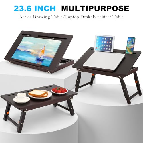 Nnewvante Drawing Table Foldable Drafting Desk with Adjustable Height & Angle Bamboo Drawing Board Easel with Tablet and Phone Slots for Painting, Drafting, Writing, Reading - color: Black Walnut