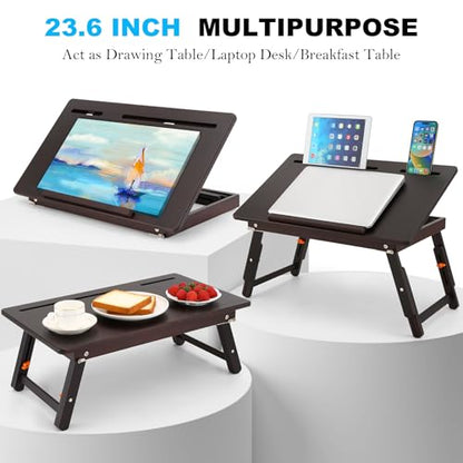 Nnewvante Drawing Table Foldable Drafting Desk with Adjustable Height & Angle Bamboo Drawing Board Easel with Tablet and Phone Slots for Painting, Drafting, Writing, Reading - color: Black Walnut