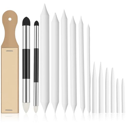 15 Pcs Blending Stumps for Drawing, Blending Sponge Pens and Sandpaper Pencil Sharpener Tortillions Paper Art Blenders for Sketching, Softness, Coloring Utensils
