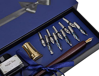 Plotube Wooden Pen Calligraphy Set - Dip Pen Gift Writing Case - Black Ink Bottle & Golden Holder & 11 Nibs and Beginner's Manual - color: Black