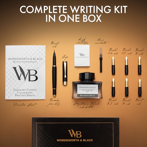 Wordsworth & Black Calligraphy Pen Gift Set, Includes Ink Bottle, 6 Cartridges, Refill Converter, 6 Replacement Nibs, Luxury Bamboo, Journaling, Smooth Writing Pens [Black Wood] - color: Black Wood