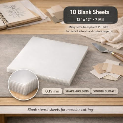 Blank Mylar Stencil Sheets, 10 Pack 12 x 12 Inch, 7 Mil Milky Translucent PET Plastic Sheets for Cutting Machines, Laser Cutting, Reusable Template Material