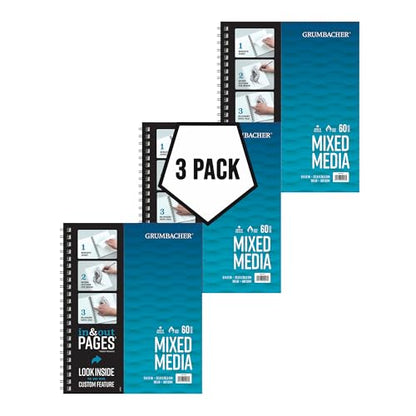 Grumbacher 9" x 12" Mixed Media Paper Pad with in & Out Pages, 160 GSM, Side Wire Bound, 60 White Sheets/Pad, 3-Pack - size: 9" x 12"