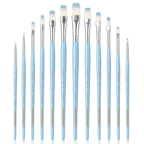 Professional Watercolor Paint Brush Set, 12 Pcs Flat Artist Paint Brushes for Watercolor, Oil, Gouache and Acrylic Painting, Blue Handle - color: Blue, size: Flat