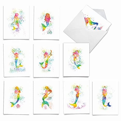 The Best Card Company Assorted Watercolor Blank Greeting Card Box Set - Incl. 10 Notecards + Envelopes, 10 Unique Designs for Thank You, Invitations, More - Funky Rainbow Mermaids AM6863OCB-B1x10 - style: Funky Rainbow Mermaids
