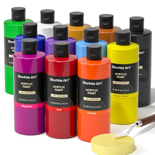 Shuttle Art Acrylic Paint, 12 Colors Acrylic Paint Large Bottle Set, 473ml/16oz Each, Rich Pigments, High Viscosity, Bulk for Artists, Beginners and Kids on Rocks Crafts Canvas Wood - color: 12 Colors, size: 16 Fl Oz (Pack of 12)