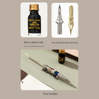 HUIOP Quill Pen,Retro Glass Dip Ink Pen Set Vintage Quill Pen Calligraphy Crystal Writing Signature Ink Dipped Pen with 2 Nibs & Pen Holder in Gift Box for Handwriting Student Friends Lovers
