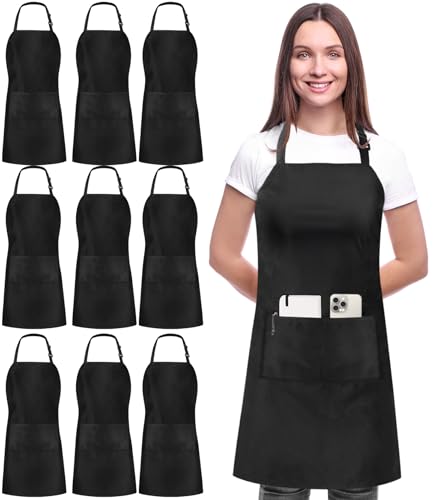 Utopia Kitchen 10 Pack Bib Apron Adjustable with 2 Pockets, Water and Oil Resistant, Cooking Kitchen Chef Apron for Women Men - color: Black