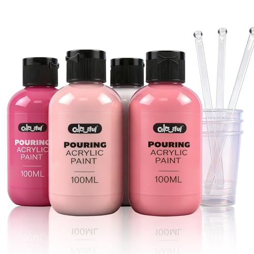 Colorful Pink Series Acrylic Pouring Paint Set, 3.34 oz./100 ml Bottles of 4 Colors with Cups, Sticks & Gloves, Fluid Ready Pour Paints Perfect for DIY Arts and Crafts Projects - color: Rose Color