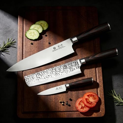 imarku 3 Pieces Knife set, Japanese HC Stainless Steel Kitchen Knife Set, Professional Chef Knife Set With Ergonomic Pakkawood Handle, Ultra Sharp Knives Set for Kitchen & Home Cooking, Gifts Box - color: Red-brown